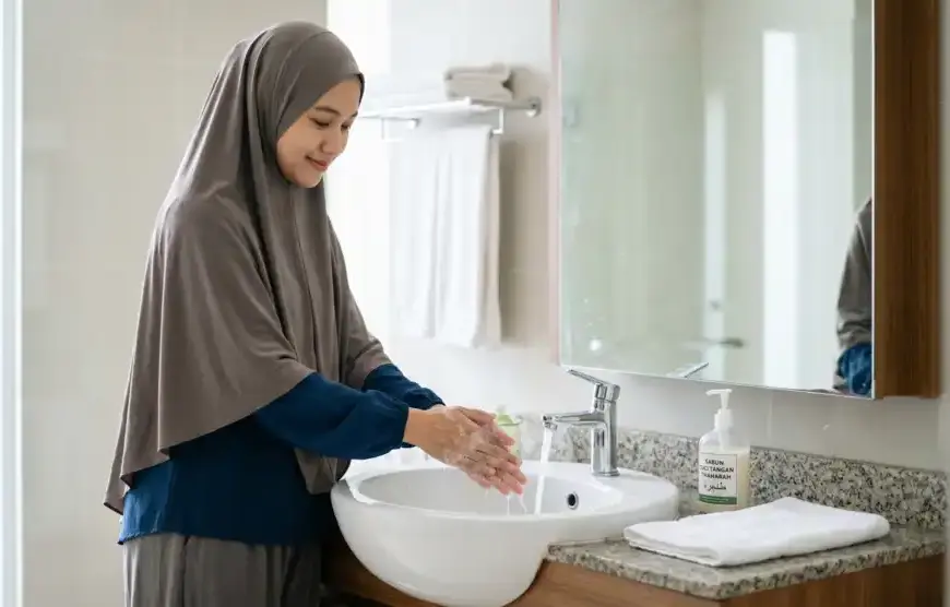 Shafi'i School of Jurisprudence: The Complete Guide to Islamic Law, Prayers, and Tasawuf 9 A Muslim woman in a hijab washing her hands at a sink as an illustration of Islamic purification or istinja.