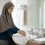 Seorang Muslimah berhijab sedang mencuci tangan di wastafel sebagai ilustrasi bersuci atau istinja dalam Islam.