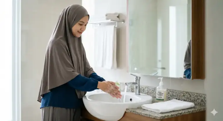 Seorang Muslimah berhijab sedang mencuci tangan di wastafel sebagai ilustrasi bersuci atau istinja dalam Islam.