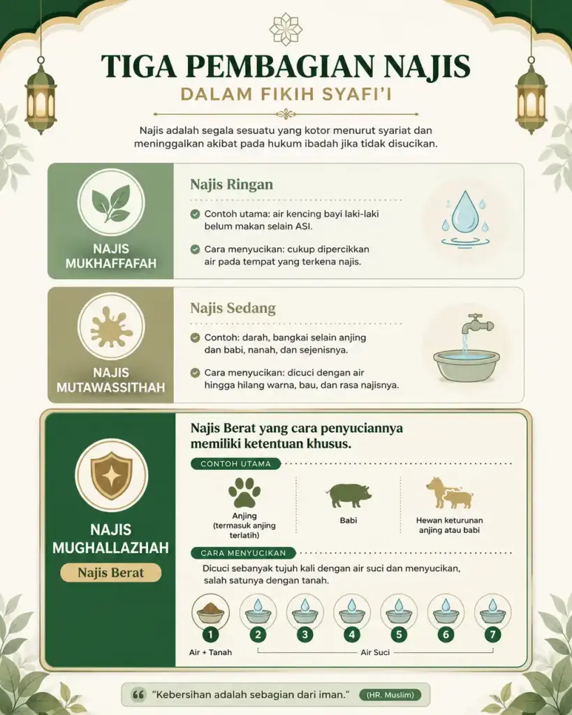 Infografik tiga pembagian najis dalam fikih Syafi’i: najis mukhaffafah, mutawassithah, dan mughallazhah dengan tujuh basuhan.