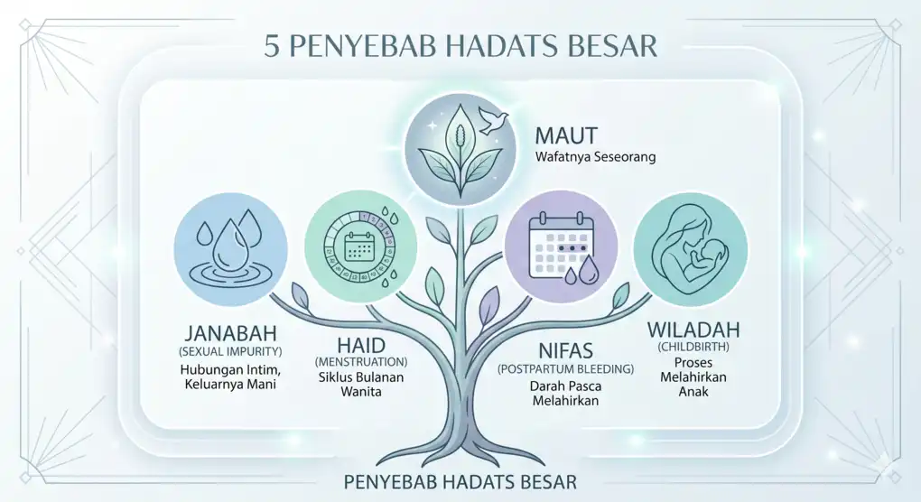 Hadats: Pengertian, Macam, dan Penyebabnya 4 Bagan pohon minimalis yang merangkum lima sebab wajibnya mandi besar (ghusl) dalam Islam: janabah, haid, nifas, wiladah, dan maut.