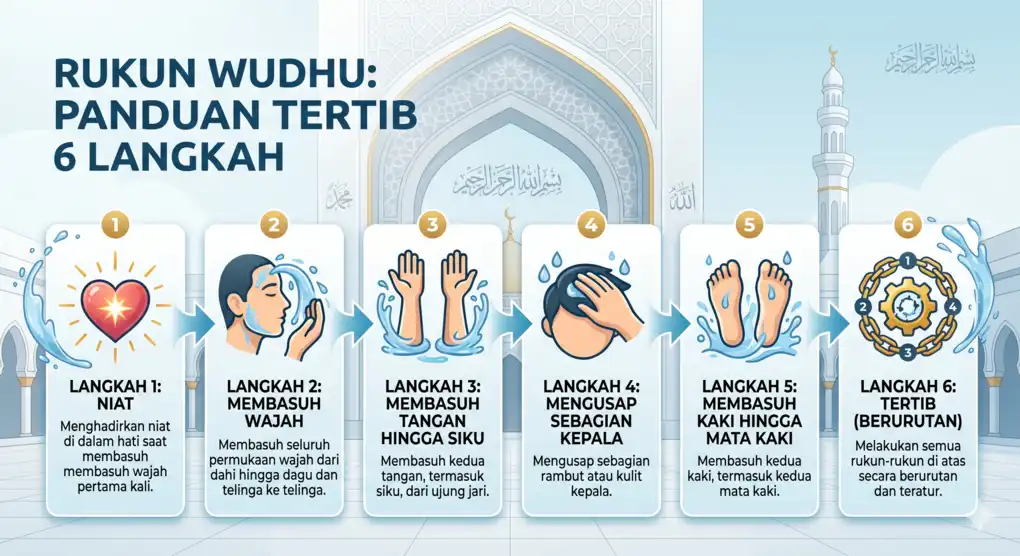 Panduan Lengkap Wudhu: Niat, Rukun, Tata Cara 3 Gambar infografis edukasi Islam berlatar belakang masjid yang merincikan 6 urutan rukun wudhu secara berurutan (tertib) mulai dari niat hingga membasuh kaki.