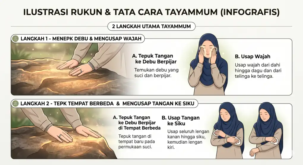 Tayammum: Bersuci dengan Debu Saat Tiada Air 2 Infografis dua panel yang mengilustrasikan tata cara tayammum untuk Muslimah. Panel 1: Menepuk debu dan mengusap wajah. Panel 2: Menepuk debu baru dan mengusap tangan hingga siku.