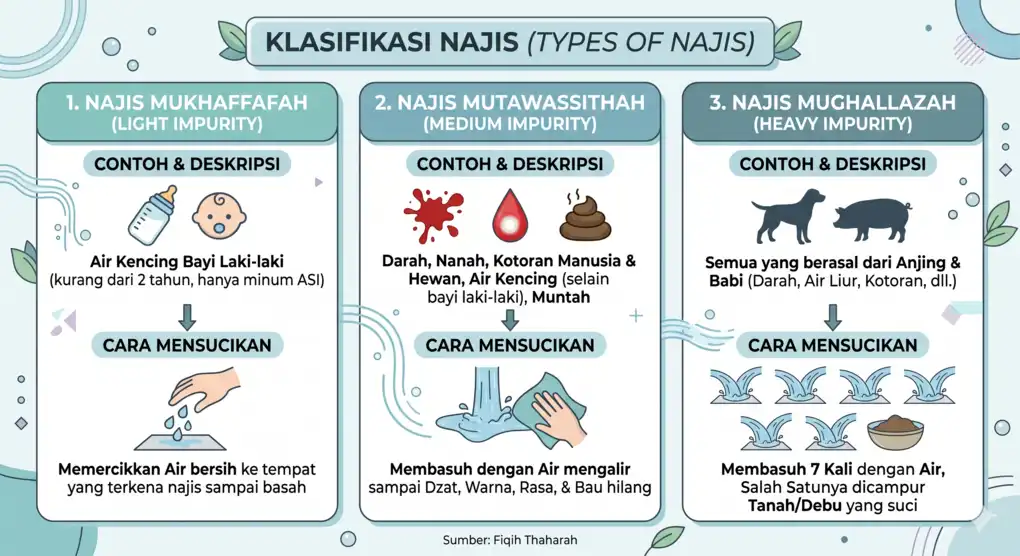 Infografis tiga tingkatan najis dalam Islam Mukhaffafah Mutawassithah dan Mughallazah dengan latar belakang warna pastel