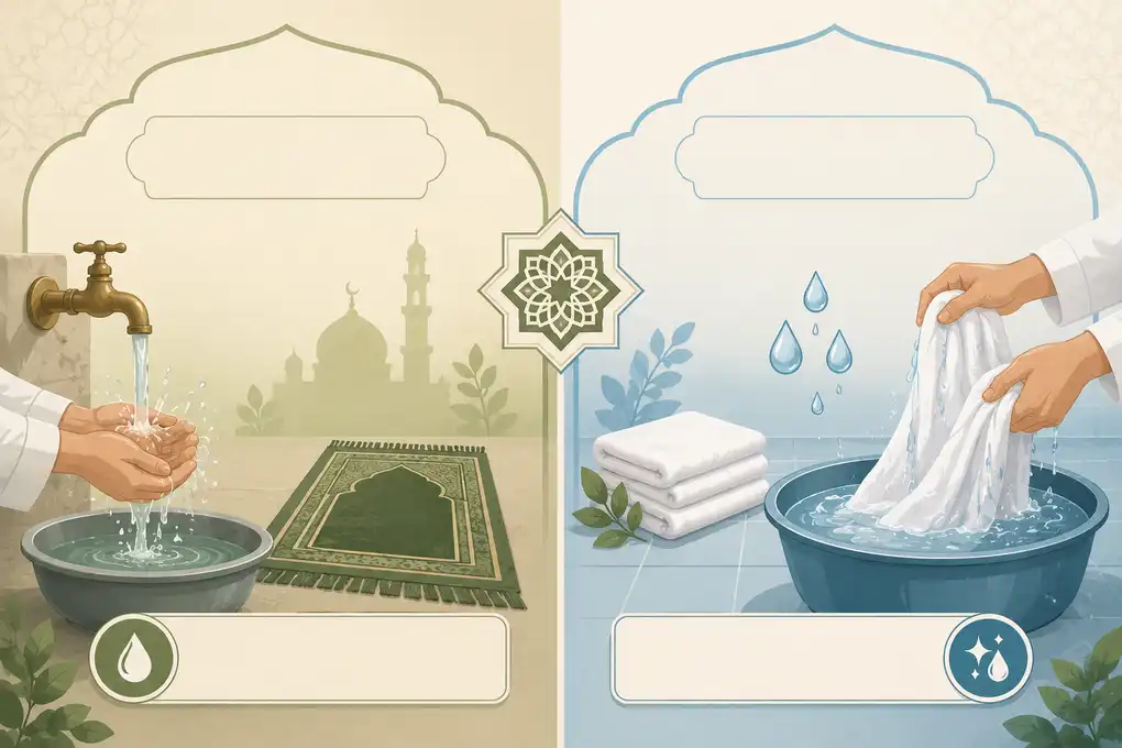 Pengertian Najis Secara Bahasa dan Istilah 2 Ilustrasi perbedaan hadas dan najis dalam fikih Syafi’i, dengan wudhu, sajadah, kain yang dicuci, dan kitab fikih.