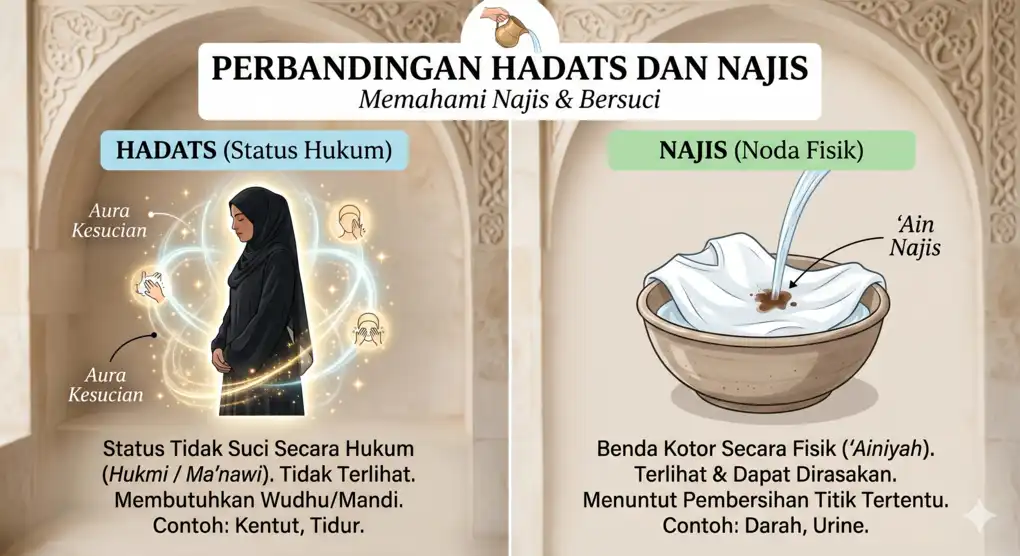 Hadats: Pengertian, Macam, dan Penyebabnya 2 Bagan infografis berdampingan yang menjelaskan perbedaan mendasar antara hadats (status hukum abstrak) dan najis (benda fisik kotor) dalam fikih.