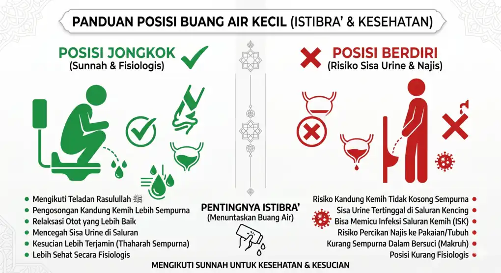 Infografis edukatif menggunakan siluet abstrak yang membandingkan sisi kesehatan medis dan fikih antara kencing jongkok (sunnah) dengan kencing berdiri (makruh), serta pentingnya melakukan istibra untuk mencegah sisa najis di saluran kencing.