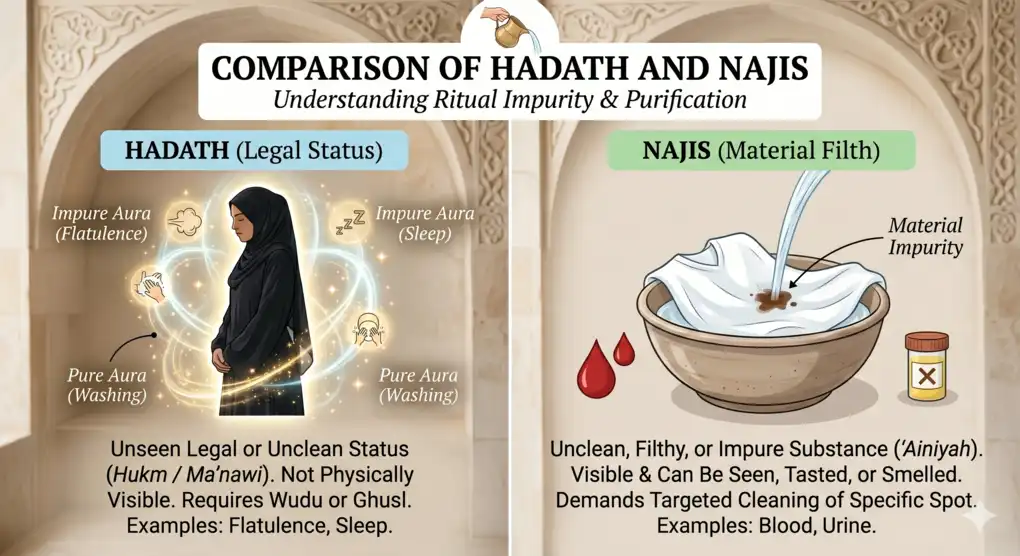 Hadath: Definition, Types, and Causes 2 A side-by-side infographic illustrating the core conceptual differences between hadath (ritual impurity) and najasah (physical filth) in Islamic jurisprudence.