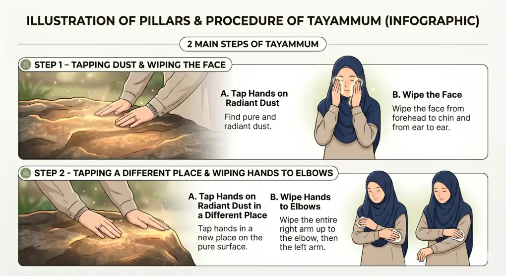 Tayammum: Purification with Dust When Water is Unavailable 3 A two-panel infographic illustrating the procedure of Tayammum for a Muslim woman. Panel 1: Tapping dust and wiping the face. Panel 2: Tapping fresh dust and wiping hands up to the elbows.