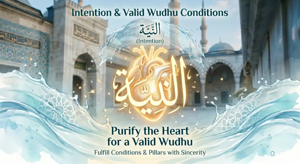 Digital illustration of wudu intention and valid conditions with a glowing gold heart and water splashes.