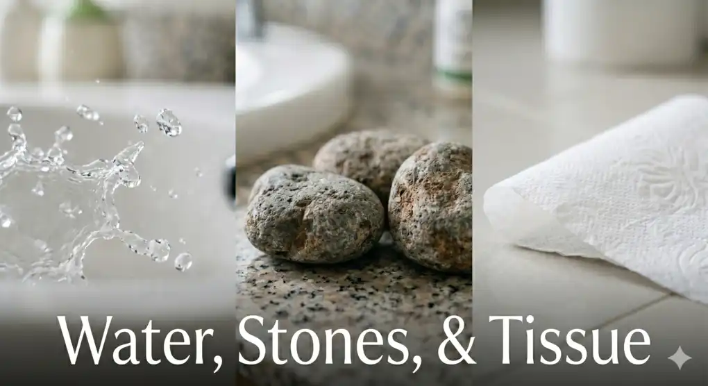 Comparison of three purification tools in Islamic fiqh: splashing absolute water, stones for istijmar, and dry tissue.