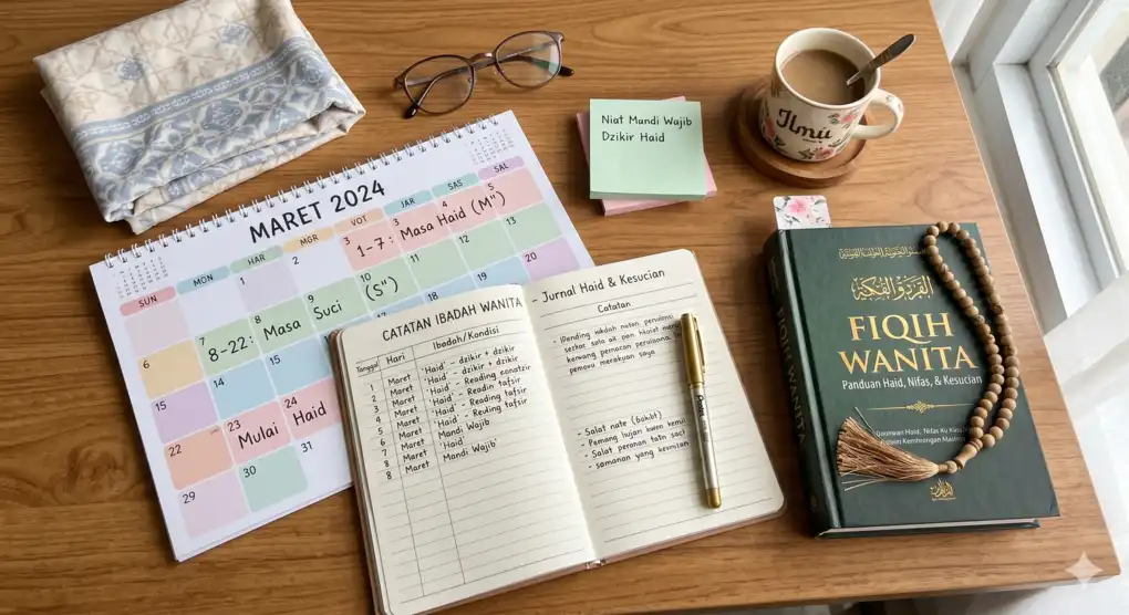 Haid, Nifas, dan Istihadhah: Hukum Wanita dalam Fiqih Syafi’i 3 Pemandangan flat lay meja kerja dengan kalender MARET 2024 yang ditandai "1-7: Masa Haid", "8-22: Masa Suci", "23: Mulai Haid". Di sampingnya ada notebook "Jurnal Haid & Kesucian" dan buku "FIQIH WANITA". Tasbih dan gelas kopi "Ilmu" melengkapi suasana belajar.