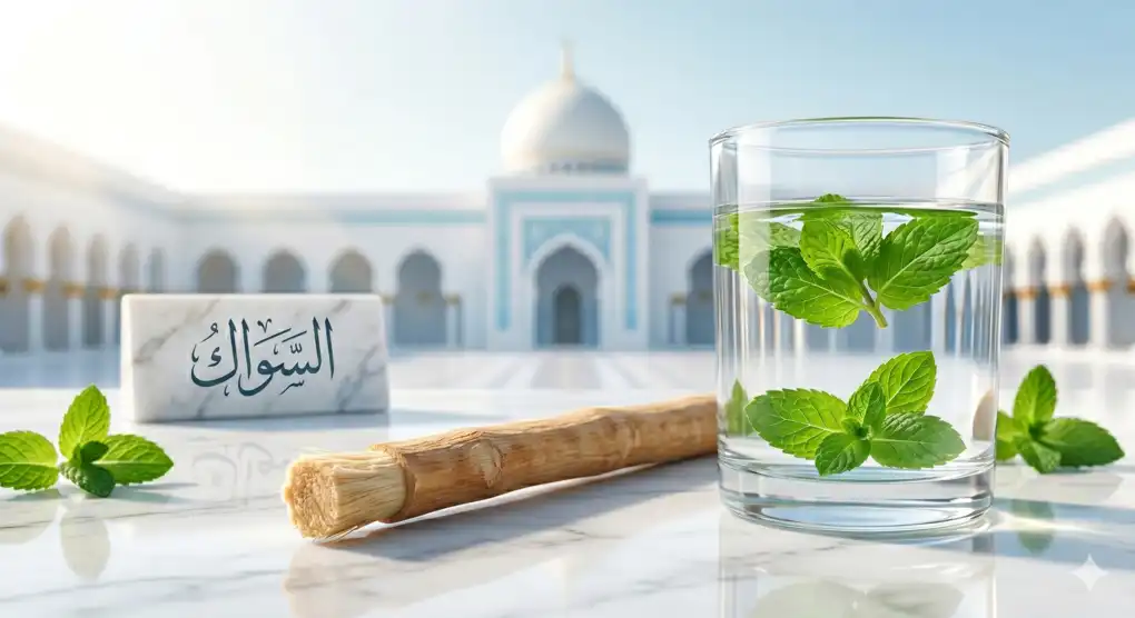 A close-up shot of a traditional miswak stick next to a glass of pure water with fresh mint leaves for sunnah of wudu.