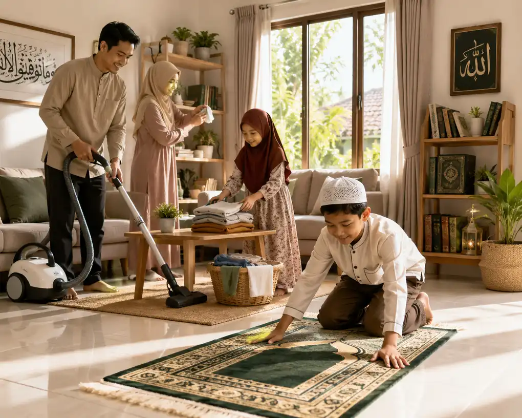 The Wisdom of Thaharah in Islam: Purifying the Body and Soul 3 A Muslim family maintaining a clean home and organizing prayer mats as part of practicing thaharah in daily life.