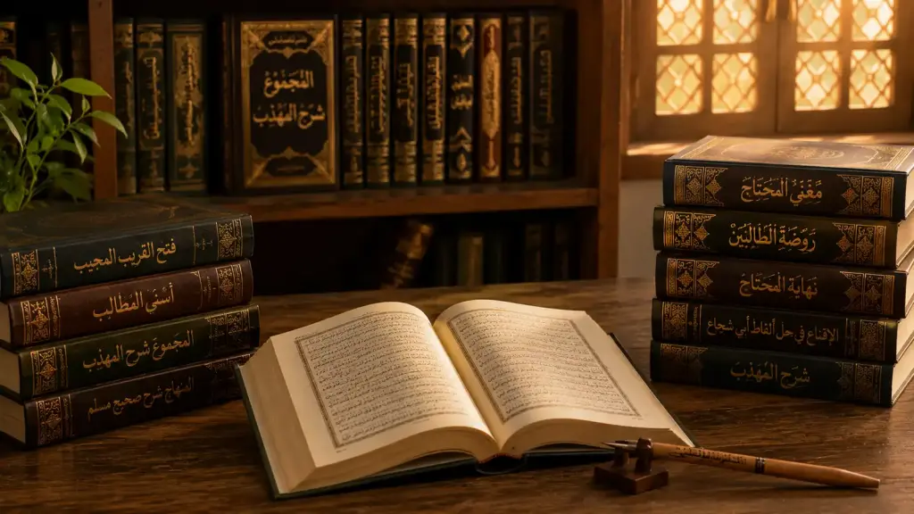 Koleksi kitab fikih klasik berbahasa Arab sebagai ilustrasi dalil kesucian mani dalam Madzhab Syafi'i.