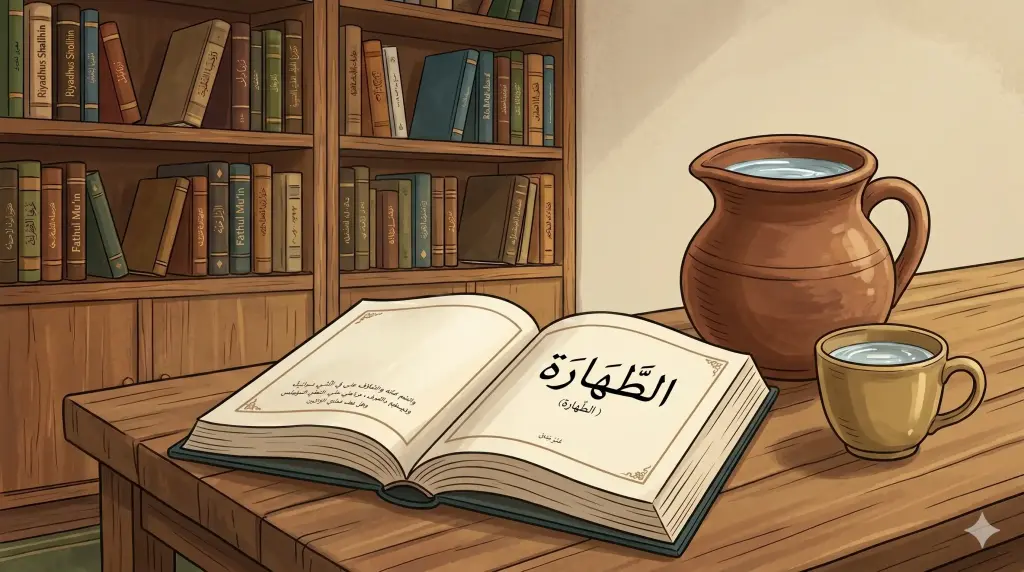 Pengertian Thaharah: Makna, Hukum, dan Pentingnya dalam Islam 2 Kitab fiqih terbuka dengan tulisan Arab At-Thaharah berdampingan dengan kendi berisi air jernih untuk bersuci.