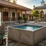 Ilustrasi konsep dua qullah dalam fikih Syafi'i berupa bak air persegi berisi air jernih dengan ukuran sekitar 60 cm x 60 cm x 60 cm di lingkungan pesantren.