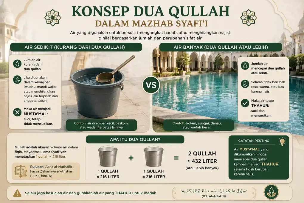 Perbandingan air sedikit dan air banyak dalam konsep dua qullah mazhab Syafi'i.