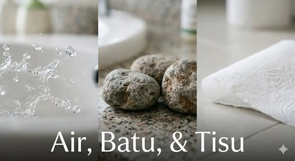 Foto jarak dekat (makro) yang menampilkan tiga jenis media yang sah digunakan untuk beristinja menurut syariat Islam: air bersih mutlak, batu bertekstur kasar, dan selembar tisu toilet kering.