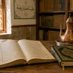 Alt Text: A santri study desk with an open classical fiqh book, a closed Qur’an, and an ablution water pitcher in a pesantren room.