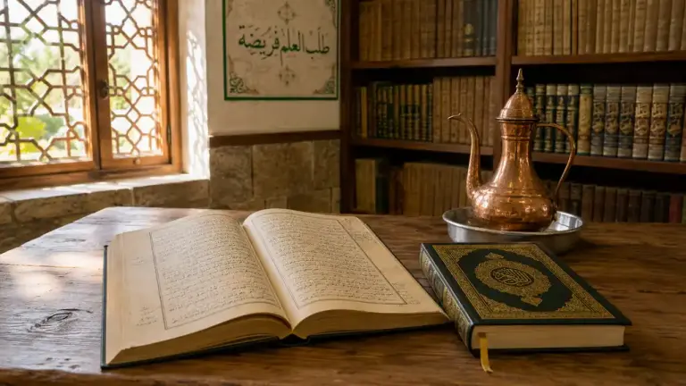 Meja belajar santri dengan kitab fiqih klasik, mushaf Al-Qur’an, dan teko air wudhu di ruang pesantren.