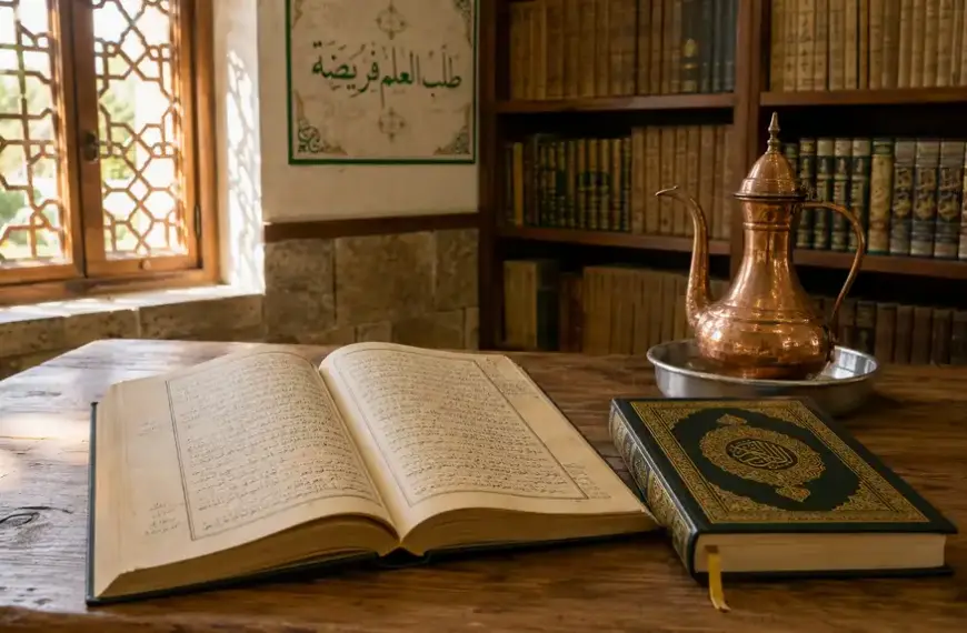 Kajian Fiqh Madzhab Syafi'i: Panduan Lengkap Hukum Islam, Doa, dan Tasawuf 9 Meja belajar santri dengan kitab fiqih klasik, mushaf Al-Qur’an, dan teko air wudhu di ruang pesantren.
