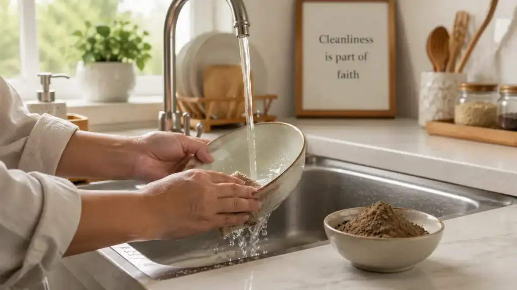 Hands washing a ceramic bowl under running water in a neat kitchen, with a small bowl of clean soil placed beside it.