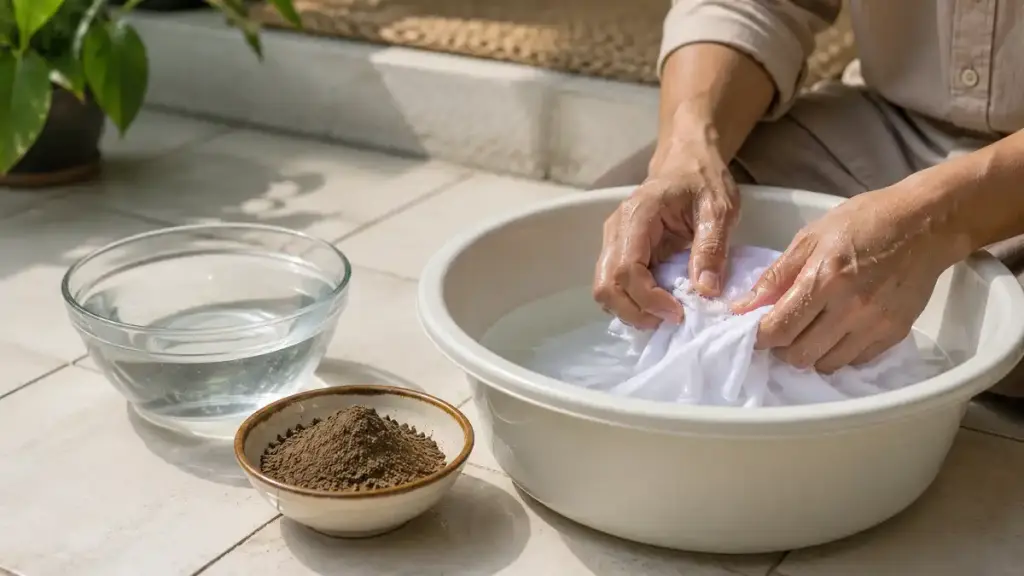 Hands washing part of a white garment in a clean basin beside clear water and a bowl of clean soil.