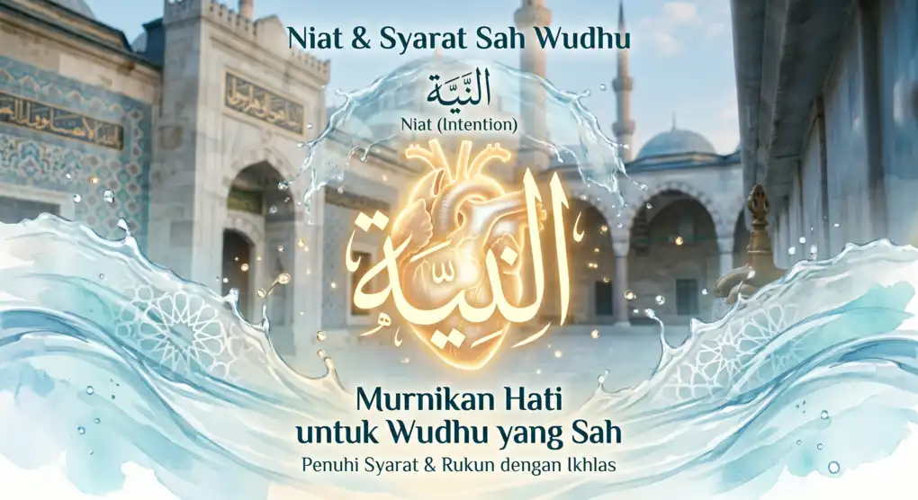 Panduan Lengkap Wudhu: Niat, Rukun, Tata Cara 2 Grafis ilustrasi niat dan syarat sah wudhu dengan kaligrafi Arab dan gambar hati bercahaya di atas air.