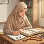 Ilustrasi realistis seorang wanita Muslimah yang tekun mempelajari fiqih wanita (haid dan ibadah) di lingkungan pesantren yang tenang. Gambar ini menangkap momen pendidikan diri tentang kebersihan dan ibadah islami.