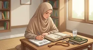 Ilustrasi realistis seorang wanita Muslimah yang tekun mempelajari fiqih wanita (haid dan ibadah) di lingkungan pesantren yang tenang. Gambar ini menangkap momen pendidikan diri tentang kebersihan dan ibadah islami.