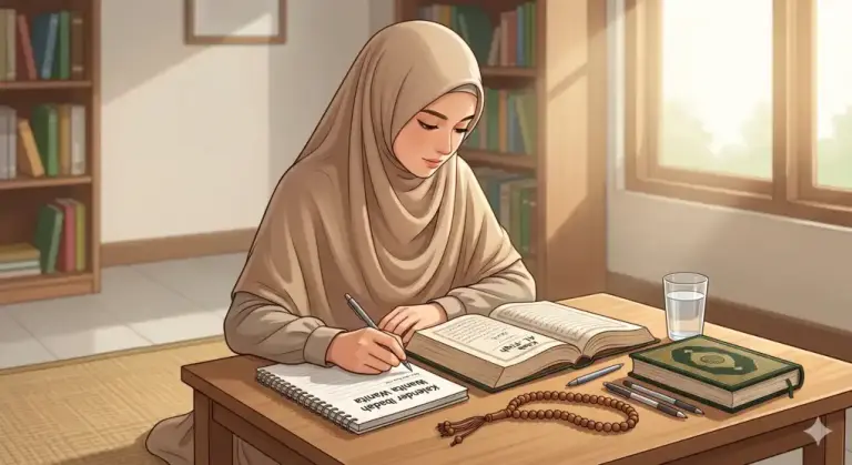 Kajian Fiqh Madzhab Syafi'i: Panduan Lengkap Hukum Islam, Doa, dan Tasawuf 1 Ilustrasi realistis seorang wanita Muslimah yang tekun mempelajari fiqih wanita (haid dan ibadah) di lingkungan pesantren yang tenang. Gambar ini menangkap momen pendidikan diri tentang kebersihan dan ibadah islami.