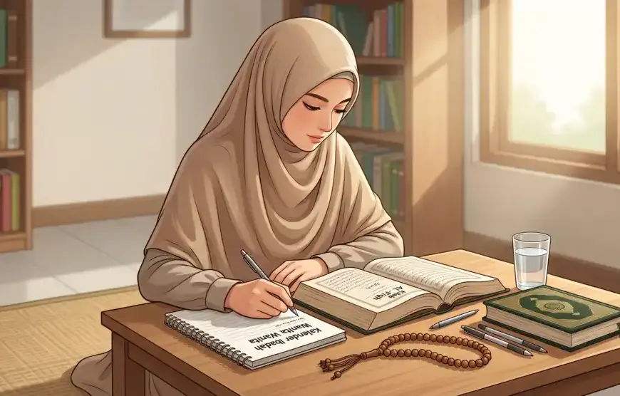 Kajian Fiqh Madzhab Syafi'i: Panduan Lengkap Hukum Islam, Doa, dan Tasawuf 31 Ilustrasi realistis seorang wanita Muslimah yang tekun mempelajari fiqih wanita (haid dan ibadah) di lingkungan pesantren yang tenang. Gambar ini menangkap momen pendidikan diri tentang kebersihan dan ibadah islami.
