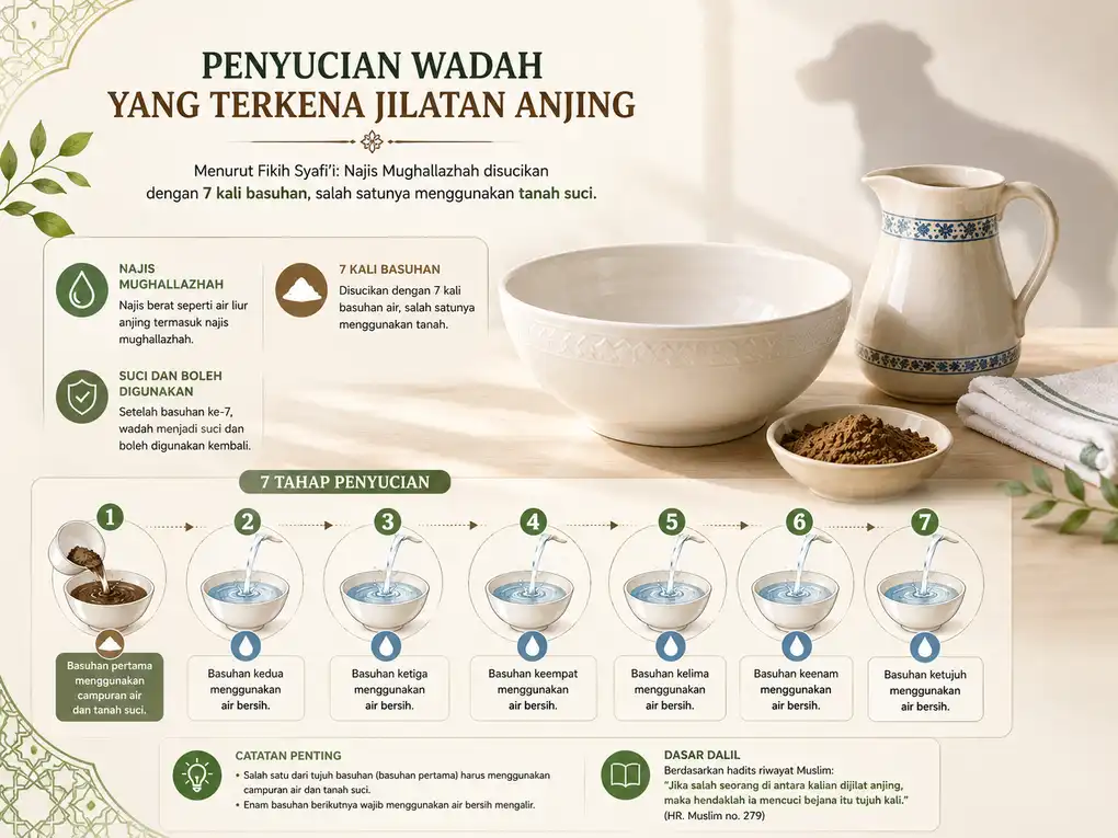 Najis Mugholadoh Adalah: Pengertian, Contoh, dan Cara Menyucikannya (Lengkap) 5 Infografik penyucian wadah yang terkena jilatan anjing dengan tujuh kali basuhan dan satu basuhan memakai tanah.