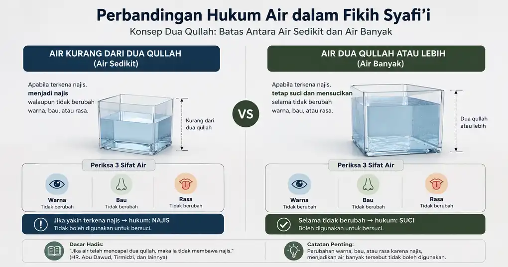 Perbandingan air kurang dari dua qullah dan air dua qullah atau lebih dalam hukum fikih Syafi'i.