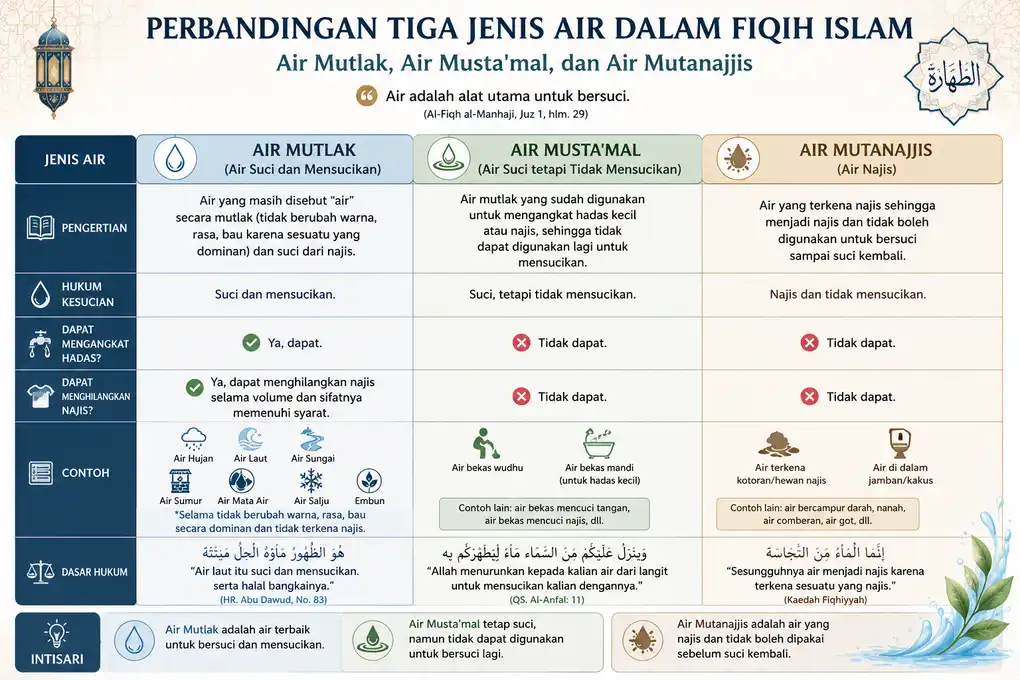 Hakikat Air Mutlak: Mengapa Hanya Air yang Bisa Menyucikan? 5 Tabel perbandingan air mutlak, air musta'mal, dan air mutanajjis menurut fiqih Islam.