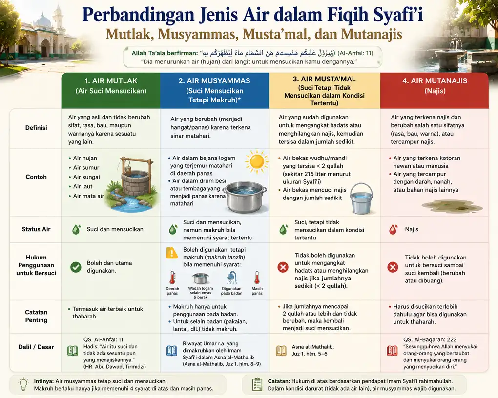 Perbandingan air mutlak, air musyammas, air musta'mal, dan air mutanajis dalam fiqih Syafi'i.Perbandingan air mutlak, air musyammas, air musta'mal, dan air mutanajis dalam fiqih Syafi'i.