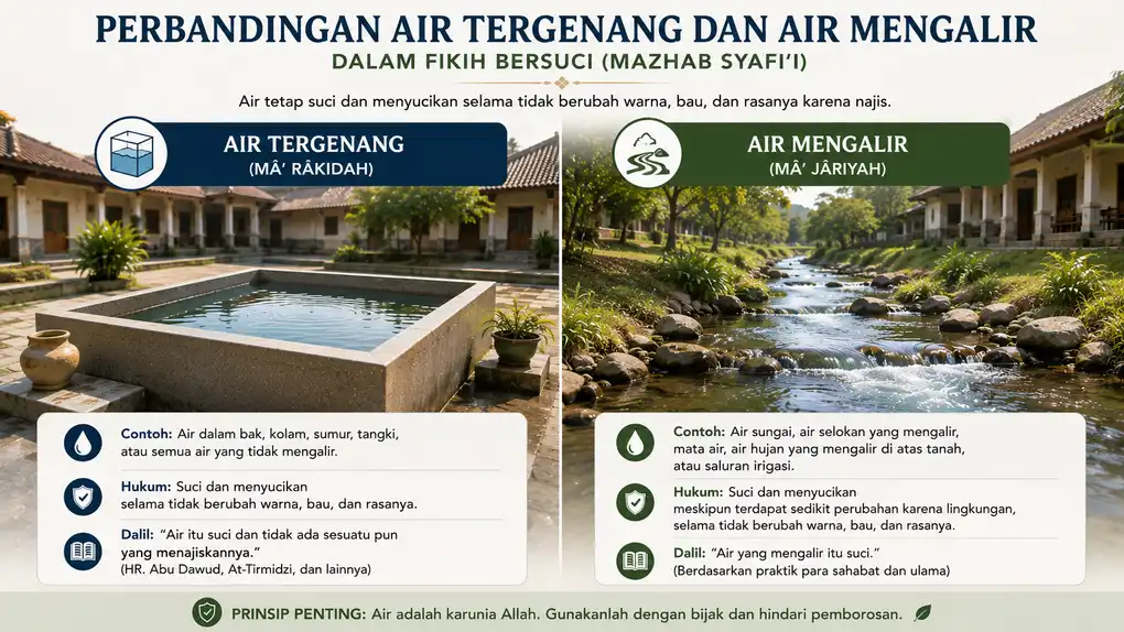 Perbandingan air tergenang dalam bak dan air mengalir di sungai dalam pembahasan fikih bersuci.