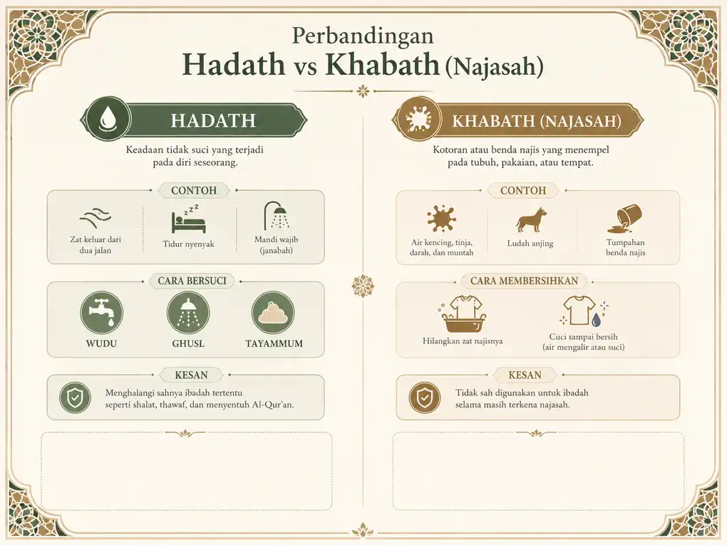 Infografis perbandingan hadath dan khabath dalam fiqih Islam dengan ikon wudhu dan pembersihan najasah.