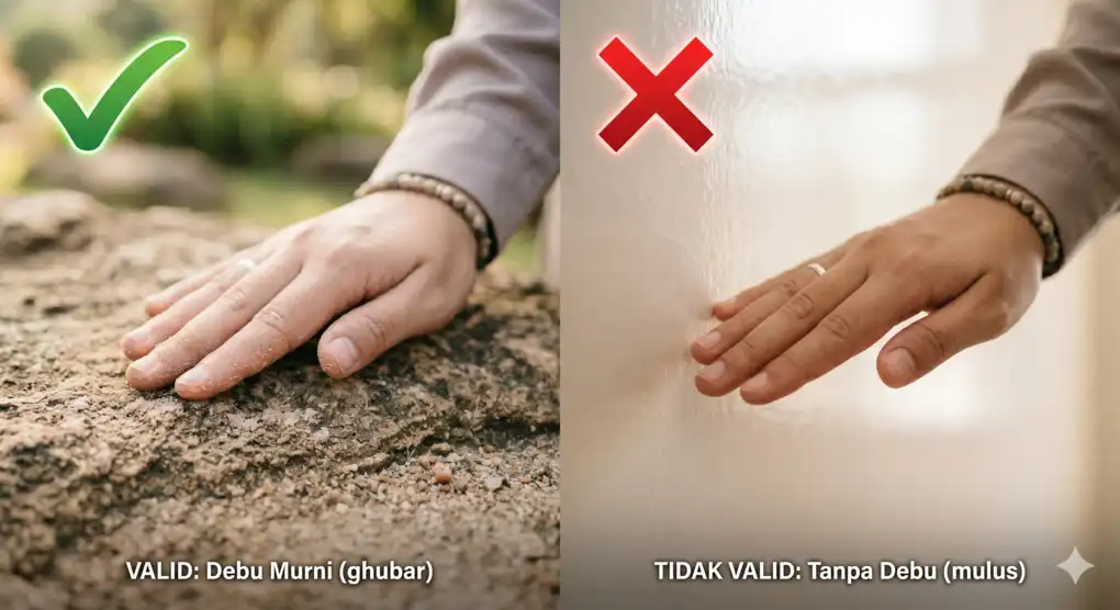 Tayammum: Bersuci dengan Debu Saat Tiada Air 3 Foto close-up makro dengan Split View membandingkan media tayammum. Sisi kiri: Permukaan batu alam berdebu halus (Tanda centang hijau). Sisi kanan: Tembok bercat mengkilap tanpa debu (Tanda silang merah).