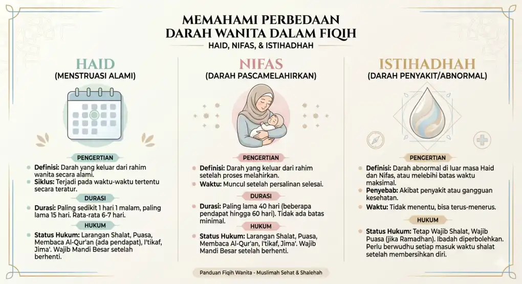Haid, Nifas, dan Istihadhah: Hukum Wanita dalam Fiqih Syafi’i 2 Infografis bersih dan edukatif dengan tiga kolom yang membandingkan Haid, Nifas, dan Istihadhah menurut fiqih Islam, menggunakan ikon kalender, ibu & bayi, dan tetesan air medis, dengan teks detail tentang Definisi, Durasi, dan Hukum.