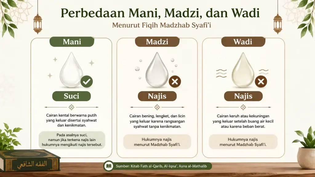 Infografik perbedaan mani, madzi, dan wadi menurut fikih Madzhab Syafi'i, dengan mani berstatus suci serta madzi dan wadi berstatus najis.