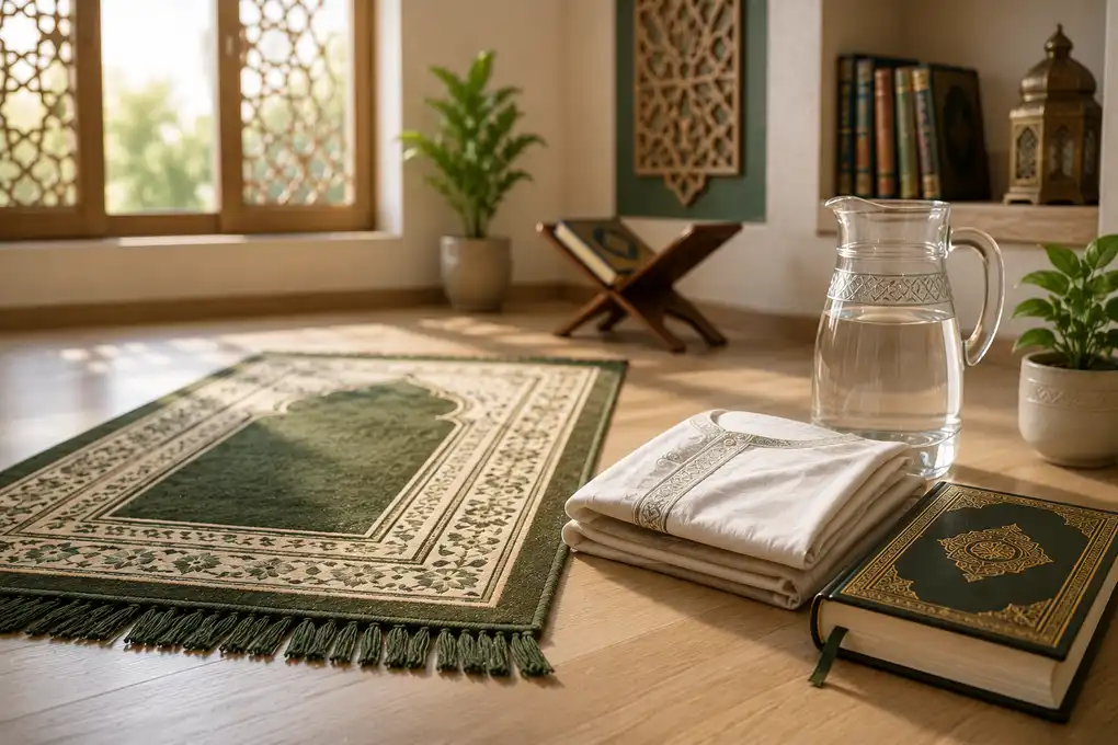 Pengertian Najis Secara Bahasa dan Istilah 6 Ruang salat bersih dengan sajadah, pakaian salat terlipat rapi, kendi air, dan kitab fikih.