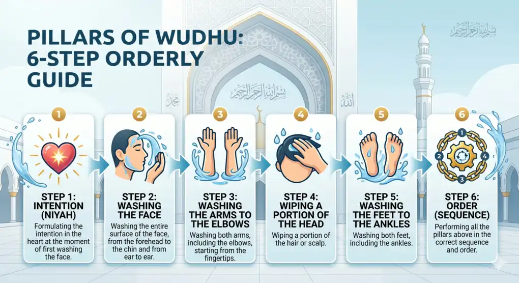 Infographic of the 6 pillars of wudu showcasing the orderly steps from intention to washing feet in English.