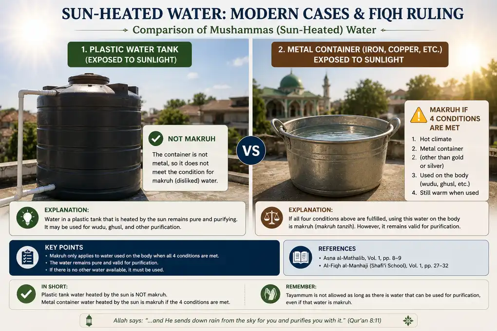 Sun-Heated Water in Shafi‘i Fiqh: The Ruling on Mushammas Water 4 Comparison between a plastic water tank and a metal container exposed to sunlight.