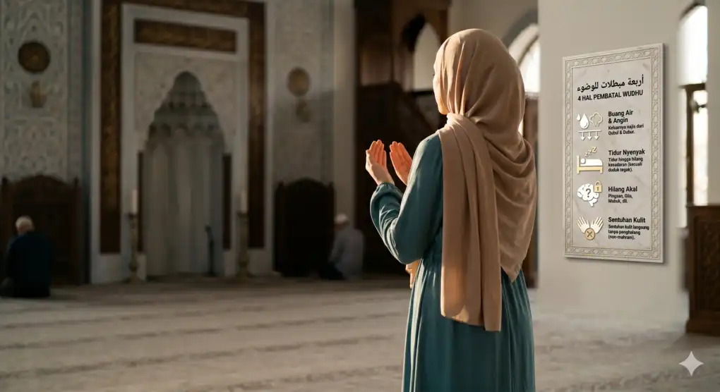 An informative poster showing the 4 nullifiers of wudu displayed inside a mosque interior near a praying woman.