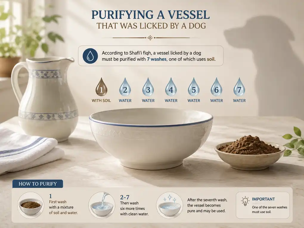 English infographic showing how to purify a vessel licked by a dog using seven washes, including one with soil.