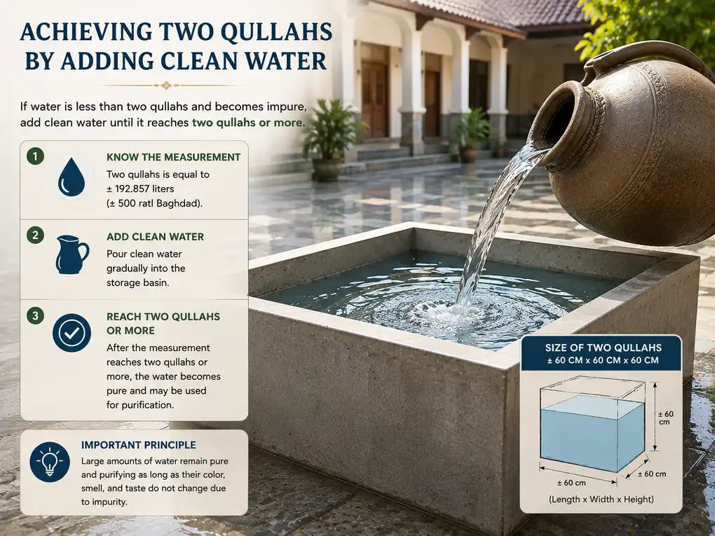Illustration of adding clean water to a storage basin until it reaches the two-qullah threshold.
