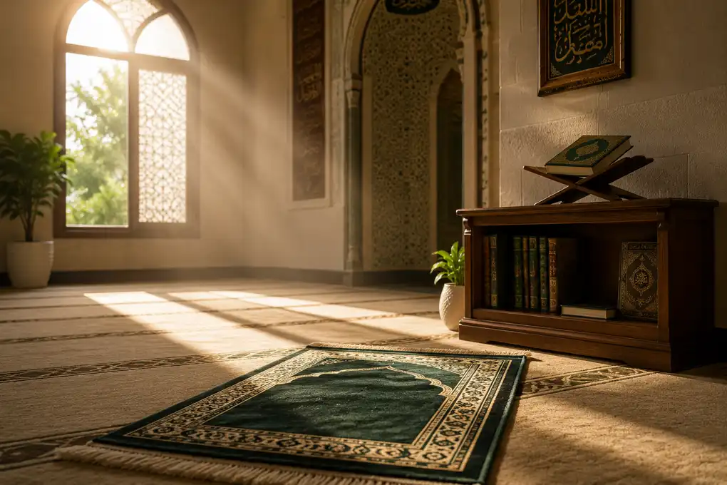 The Wisdom of Thaharah in Islam: Purifying the Body and Soul 2 A clean prayer mat and a neatly stored Qur’an inside a mosque, symbolizing purity before prayer.