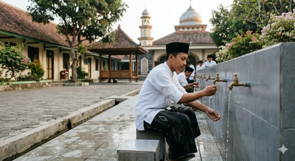 Pengertian Thaharah: Makna, Hukum, dan Pentingnya dalam Islam 4 Potret seorang santri yang sedang melaksanakan wudhu sebagai bentuk thaharah untuk mensucikan diri dari hadats kecil sebelum mendirikan salat atau membaca Al-Qur'an.Potret seorang santri yang sedang melaksanakan wudhu sebagai bentuk thaharah untuk mensucikan diri dari hadats kecil sebelum mendirikan salat atau membaca Al-Qur'an.